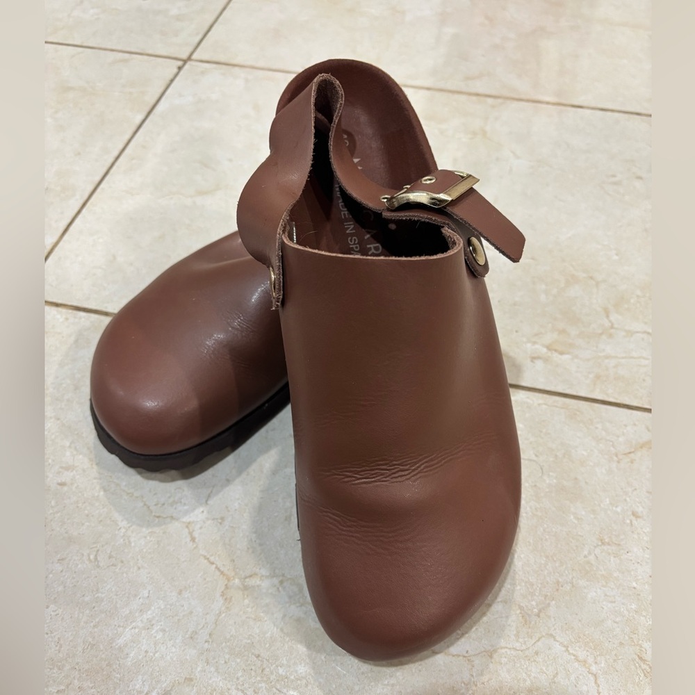 Brown Leather Clogs with Gold Buckle